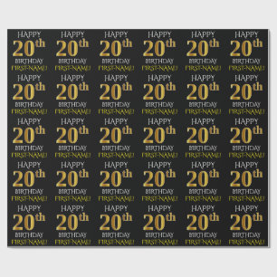 Zwart, Faux Gold "HAPPY 20th BIRTHDAY" Cadeaupapier