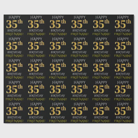 Zwart, Faux Gold "HAPPY 35th BIRTHDAY" Cadeaupapier (Vlak)