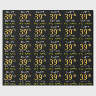 Zwart, Faux Gold "HAPPY 39th BIRTHDAY" Cadeaupapier