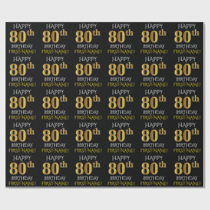 Zwart, Faux Gold "HAPPY 80th BIRTHDAY" Cadeaupapier