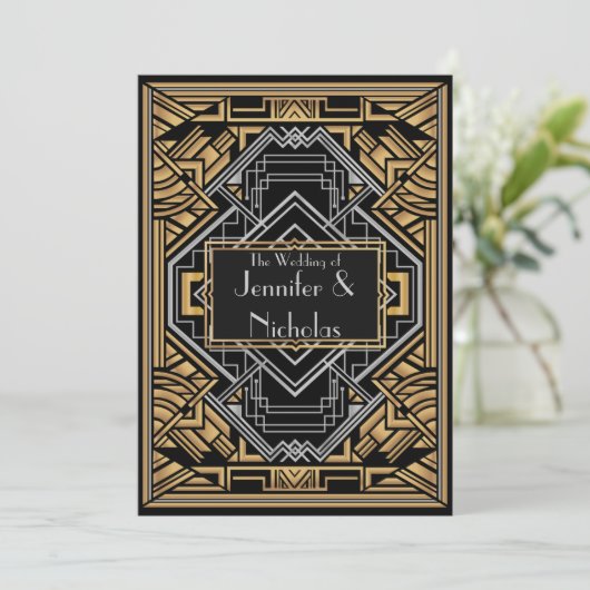 Zwart, Faux Goud en Zilver Art Deco Gatsby Stijl Kaart (Staand voorkant)