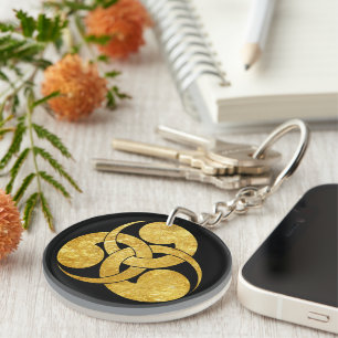 Zwart Faux Goud Tadpole Mon Japanse Samurai Clan Sleutelhanger