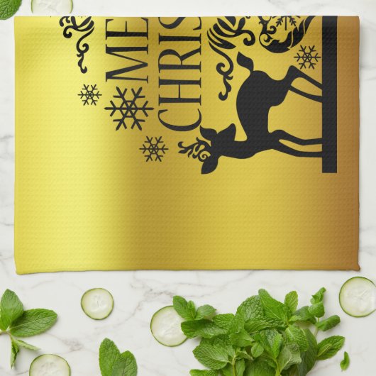 Zwart Faux Goud Vrolijk Kerstmis Keuken Handdoek (Gevouwen)