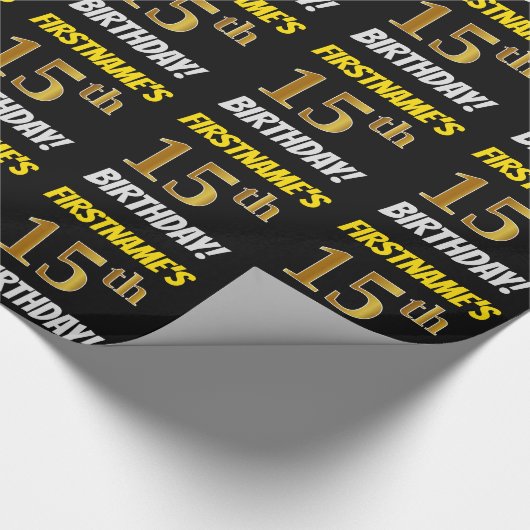 Zwart, Faux/Imitation Gold, "15th BIRTHDAY" Cadeaupapier (Hoek)