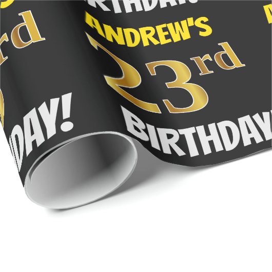 Zwart, Faux/Imitation Gold, "23rd BIRTHDAY" Cadeaupapier (Rol Hoek)