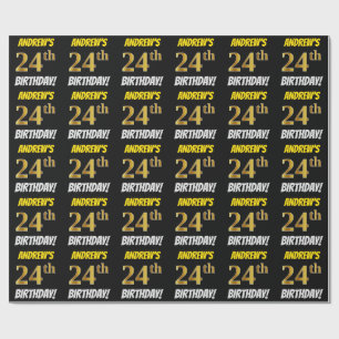 Zwart, Faux/Imitation Gold, "24th BIRTHDAY" Cadeaupapier