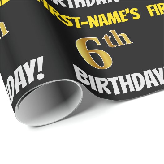 Zwart, Faux/Imitation Gold, "6th BIRTHDAY" Cadeaupapier (Rol Hoek)