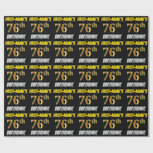 Zwart, Faux/Imitation Gold, "76th BIRTHDAY" Cadeaupapier