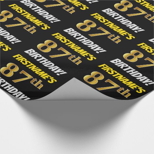 Zwart, Faux/Imitation Gold, "87th BIRTHDAY" Cadeaupapier (Hoek)