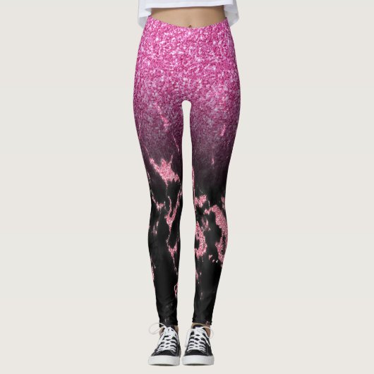 Zwart faux marmer en roze glitter ombre leggings (Voorkant)
