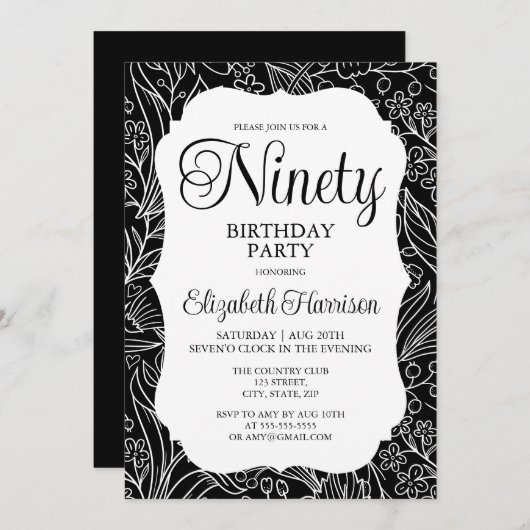 Zwart Flora Vrouw 90e Verjaardagsfeestje Kaart (Voorkant / Achterkant)