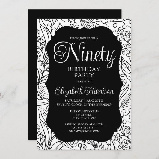 Zwart Flora Vrouw 90e Verjaardagsfeestje Kaart (Voorkant / Achterkant)