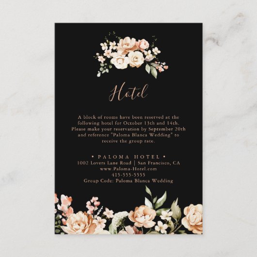 Zwart formeel royaal bloemmotief hotel informatiekaartje (Voorkant)