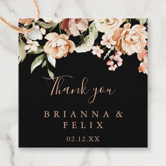 Zwart Formele Koninklijke Bloemen Bruiloft Bedankjes Labels (Voorkant)