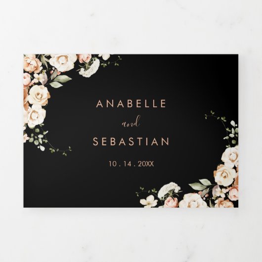 Zwart Formele Koninklijke Bloemen Bruiloft Drieluik Uitnodiging (Cover)