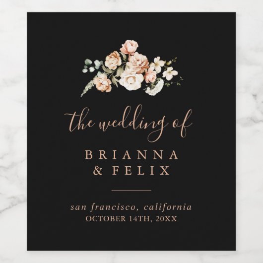 Zwart Formele Koninklijke Bloemen Bruiloft Wijn La Wijn Etiket (Enkel label)