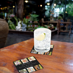 Zwart fotocollage verjaardagsfeestje vierkante kartonnen onderzetter