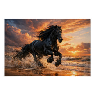 Zwart Friese Paard bij Zonsondergang, Krachtige St Perfect Poster