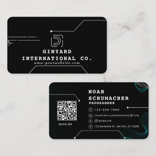 Zwart Futuristisch Modern Programmer Visitekaartje (Voorkant / Achterkant)