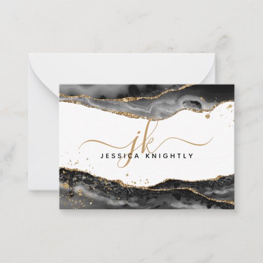 Zwart geanide glitter Script-monogram voor Agate G Notitiekaartje (Voorkant)