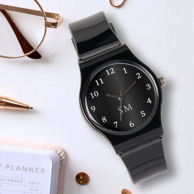 Zwart geborsteld metaal en witte monogram Initiale Horloge (Creator heeft geüpload)