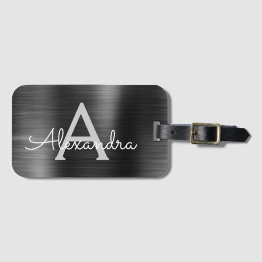Zwart geborsteld Metaal Monogram Naam en Initiaal Bagagelabel (Voorkant (horizontaal))