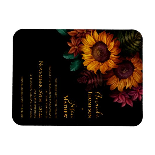 Zwart gebrande Sinaasappel Bloemen bruiloft uitnod Magneet (Horizontaal)