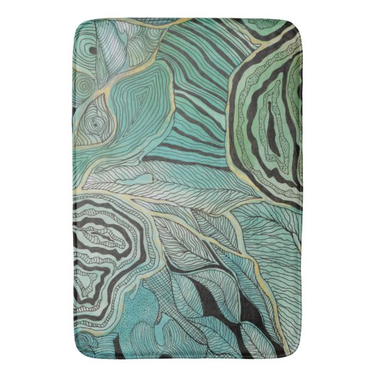 Zwart gedopte bladeren op Blauwgroen en gouden bat Badmat (Voorkant Verticaal)