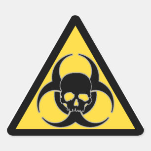 Zwart-geel biohazard-symbool en schedel driehoek sticker