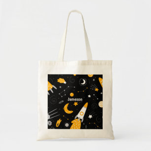 Zwart geel buitenste ruimtesterren tote bag