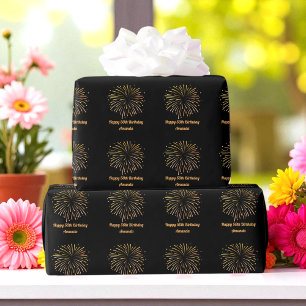 Zwart geel Fireworks Birthday Wrapping Paper Cadeaupapier