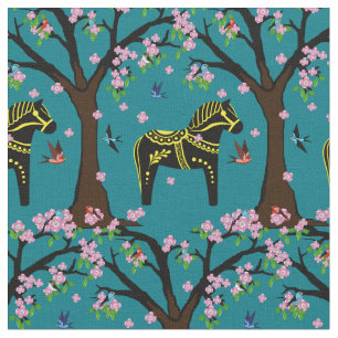Zwart/geel Folk Dala paard/Folk vogels/bloemen2.7 Stof