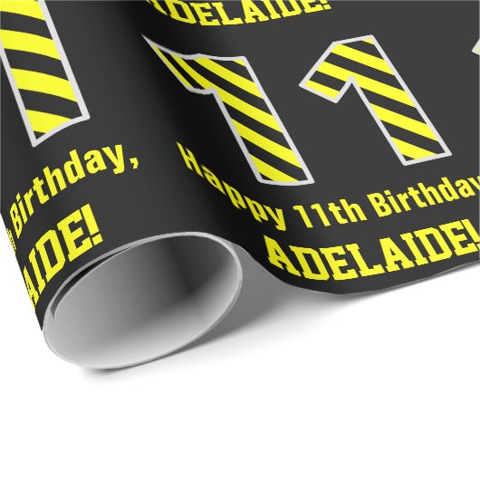 Zwart & Geel Gestreept "11"; 11e Verjaardag + Naam Cadeaupapier (Rol Hoek)