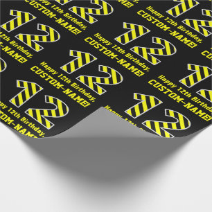 Zwart & geel gestreept "12"; 12e verjaardag + naam cadeaupapier