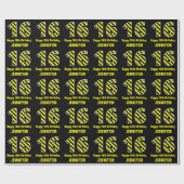 Zwart & geel gestreept "16"; 16e verjaardag + naam cadeaupapier (Vlak)