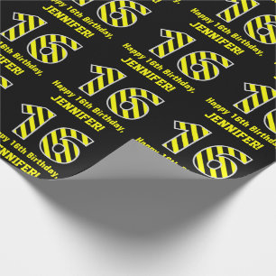Zwart & geel gestreept "16"; 16e verjaardag + naam cadeaupapier
