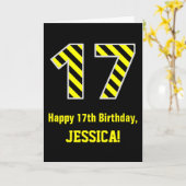 Zwart & Geel Gestreept "17"; 17e Verjaardag + Naam Kaart (Gele Bloem)