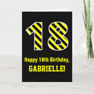 Zwart & geel gestreept "18"; 18e verjaardag + naam kaart