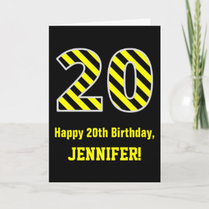 Zwart & Geel Gestreept "20"; 20e Verjaardag + Naam Kaart
