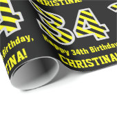 Zwart & Geel Gestreept "34"; 34e Verjaardag + Naam Cadeaupapier (Rol Hoek)