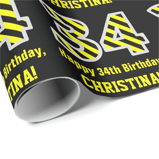 Zwart & Geel Gestreept "34"; 34e Verjaardag + Naam Cadeaupapier (Rol Hoek)