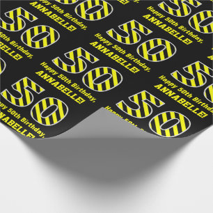 Zwart & Geel Gestreept "50"; 50ste Verjaardag + Na Cadeaupapier