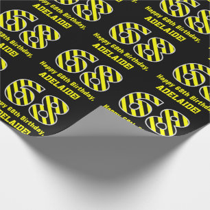Zwart & Geel Gestreept "68"; 68ste Verjaardag + Na Cadeaupapier