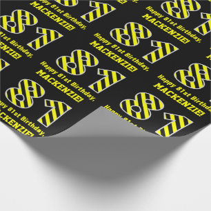 Zwart & Geel Gestreept "81"; 81ste Verjaardag + Na Cadeaupapier