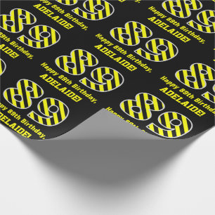 Zwart & Geel Gestreept "89"; 89e Verjaardag + Naam Cadeaupapier