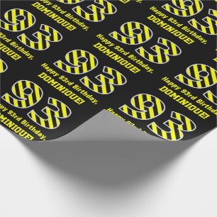 Zwart & Geel Gestreept "93"; 93e Verjaardag + Naam Cadeaupapier