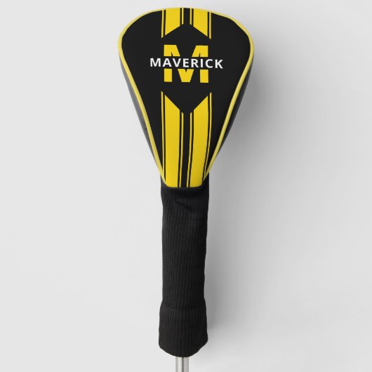 Zwart geel monogram en naam golfheadcover (Voorkant)