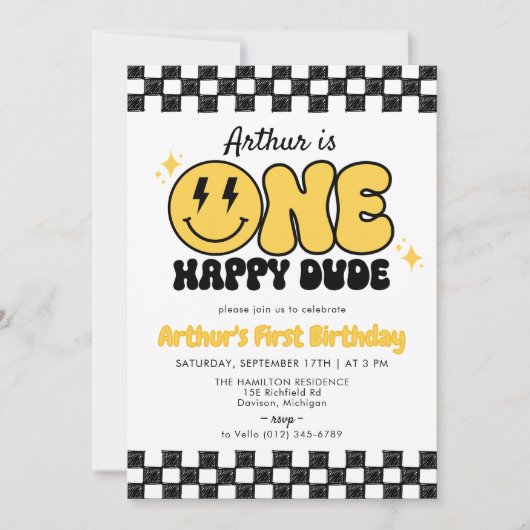 Zwart Geel ONE HAPPY DUDE Retro Groovy Verjaardag Kaart (Voorkant)