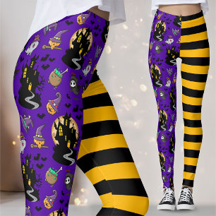 Zwart Geel Paarse Heks House Halloween Outfit Leggings