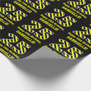 Zwart & geel Striped "25"; 25th Birthday + Name Cadeaupapier